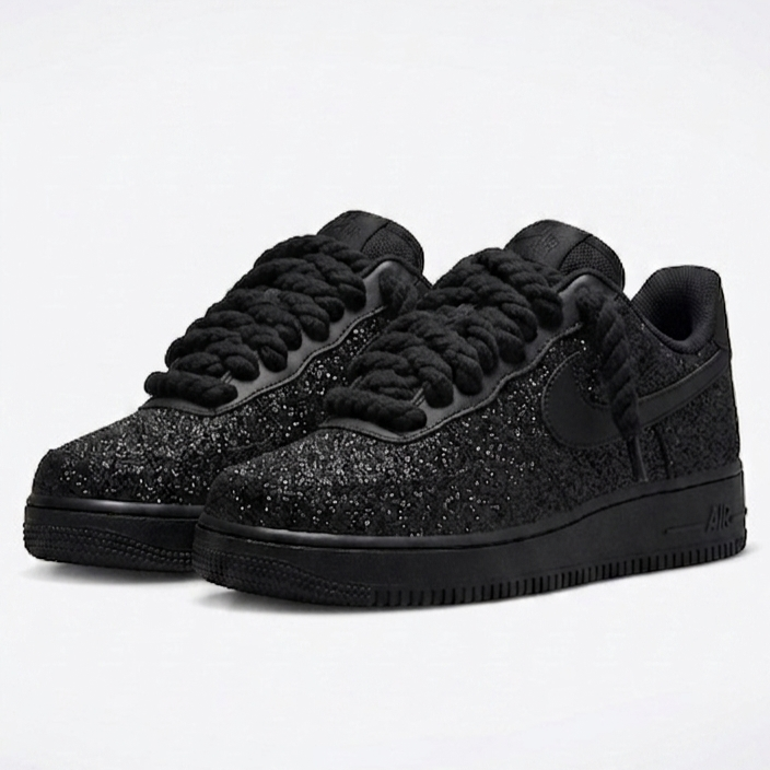 Pair of AF1 Custom Black Crystal sneakers viewed from the front with oversized black rope laces
