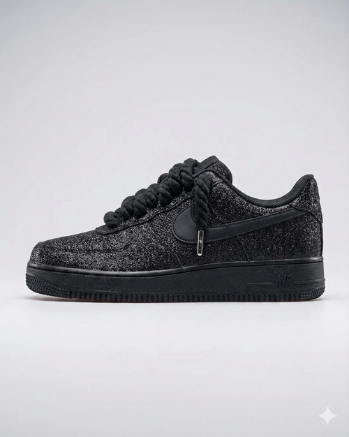 AF1 Custom Black Crystal side view with tonal crystal-effect upper and oversized black rope laces