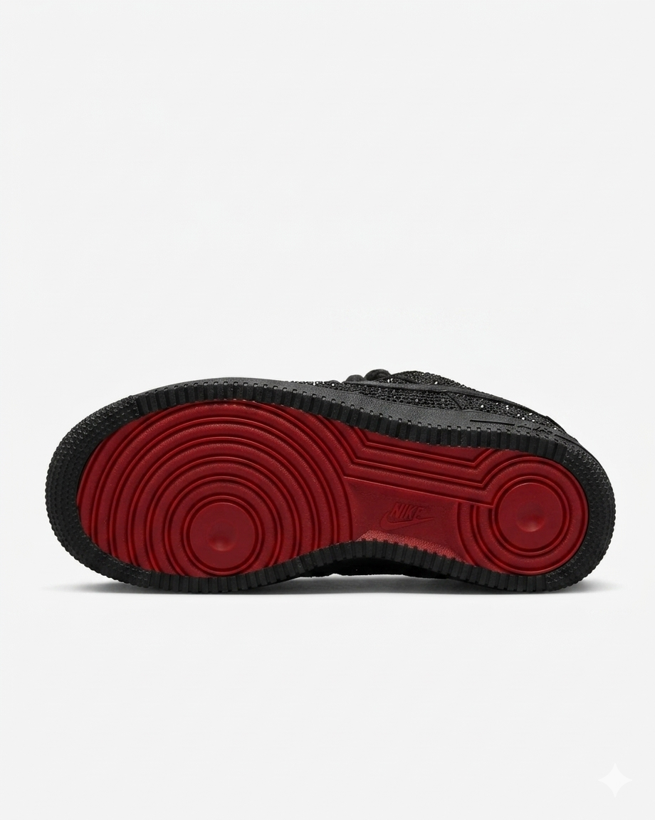 AF1 Custom Black Crystal alternate side view showing the monochrome black sole and reflective upper